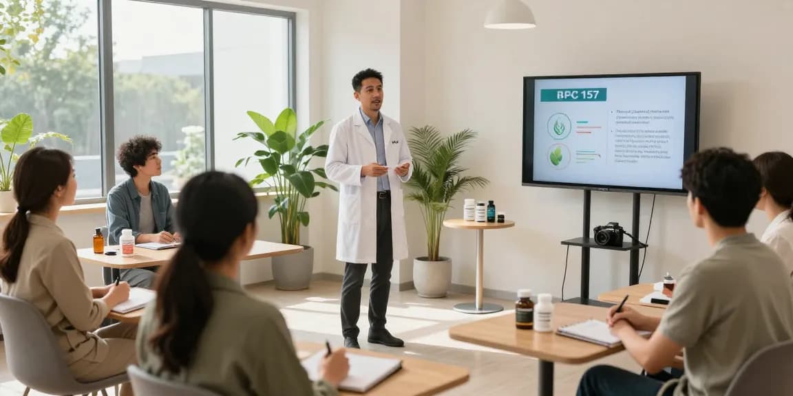 BPC 157 Side Effects presentation in a modern wellness studio with health expert discussing potential benefits.