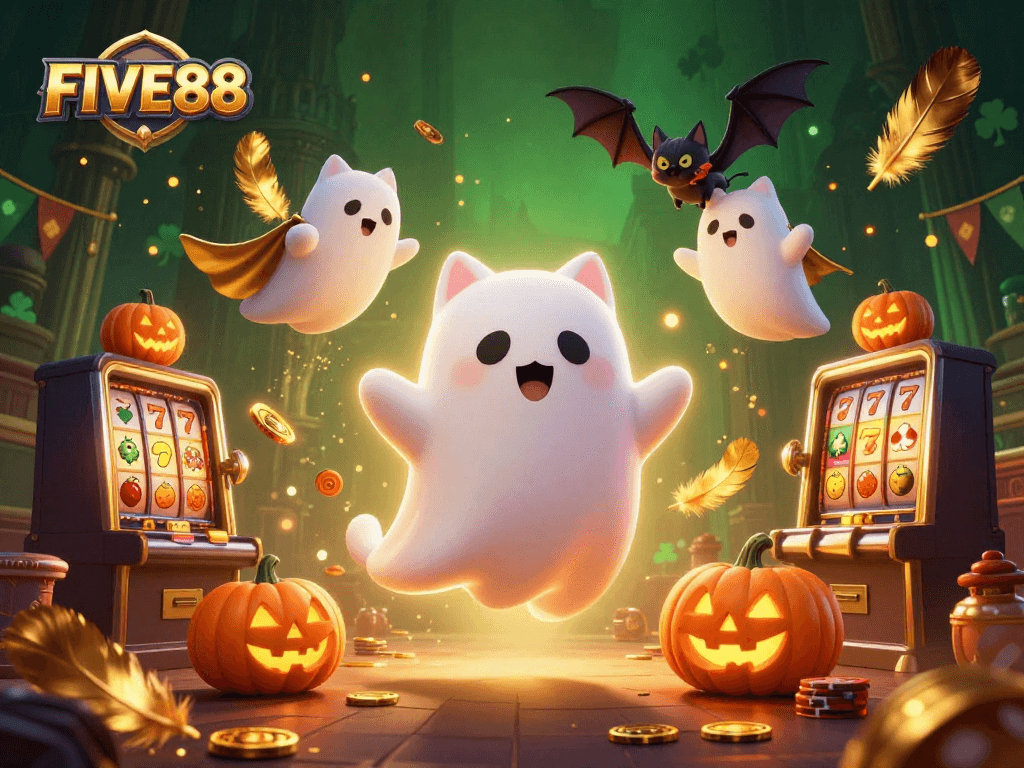 Engaging scene of FIVE88 with a ghost cat, bat, and glowing poker pumpkins in a vibrant casino atmosphere.