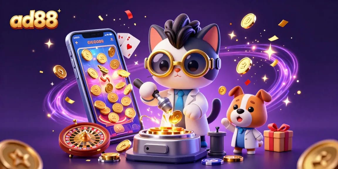 Win big with ad88 in a vibrant scene featuring a mad scientist cat and dog in a casino-themed lab.
