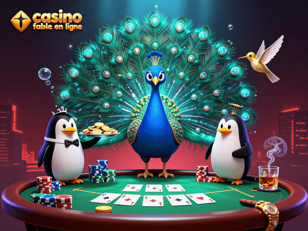 Admirez ce visuel captivant illustrant un casino fiable en ligne avec un paon aristocratique et des jetons d'or.