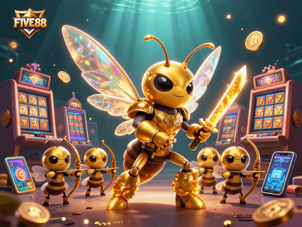 Play with FIVE88 at a vibrant casino scene featuring a golden hornet and crypto elements.