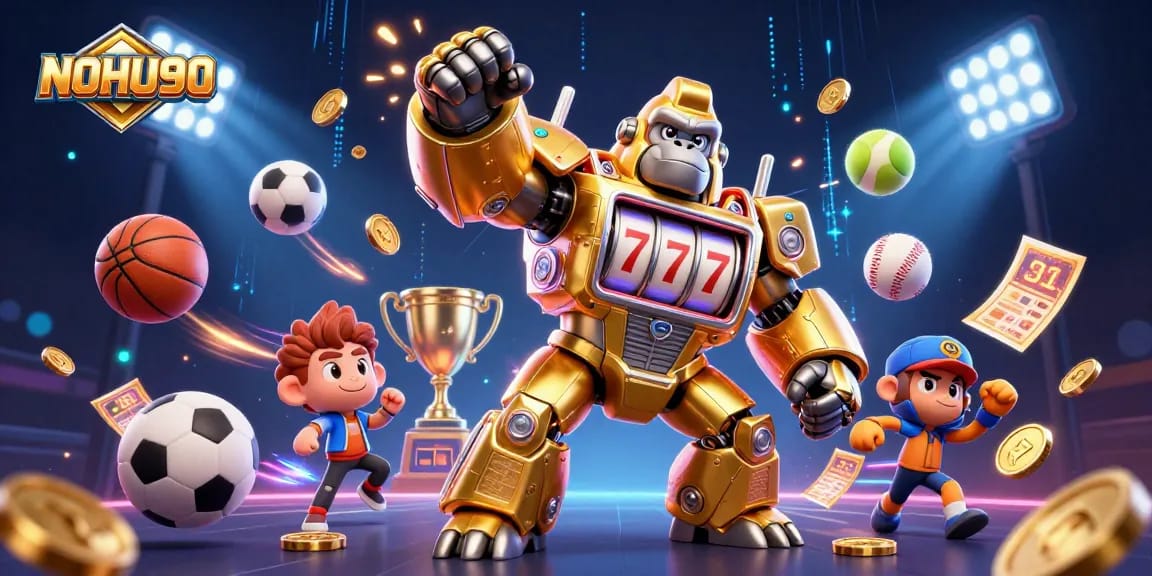 NoHU90 engaging with thrilling casino action featuring a golden gorilla mech and sports elements