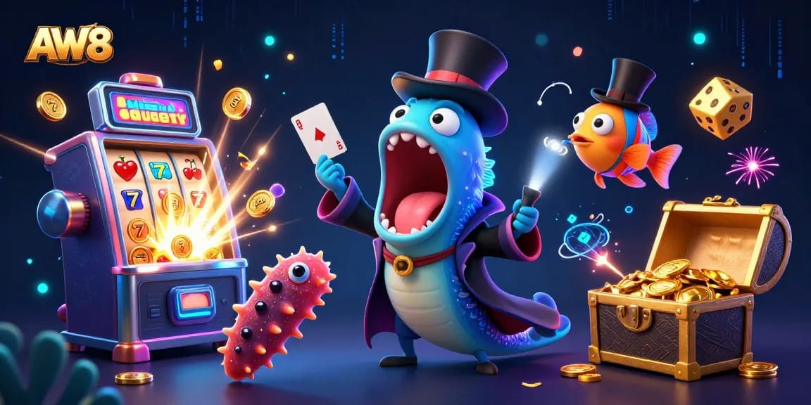 AW8 presents a vibrant underwater casino scene with sea creatures enhancing excitement.
