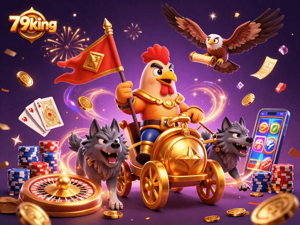 Experience the excitement at 79king with a dynamic casino scene featuring a rooster warlord.