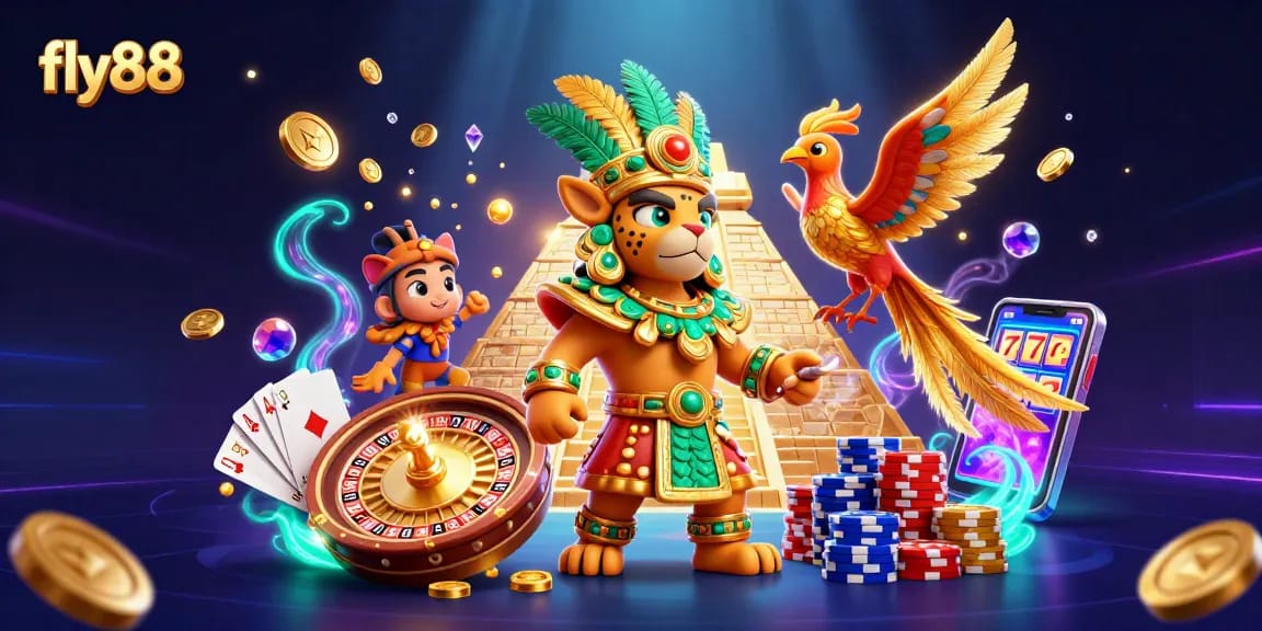 Experience the thrill of fly88 with a luxurious casino scene featuring dynamic games and characters.