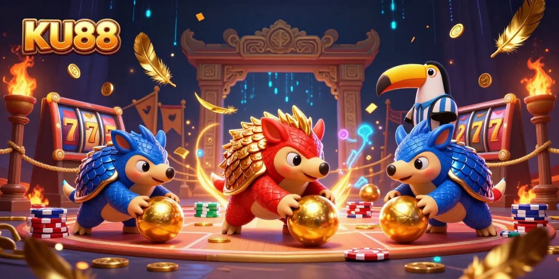 KU88 features rival pangolins competing in a dynamic casino scene with golden elements and vibrant details.
