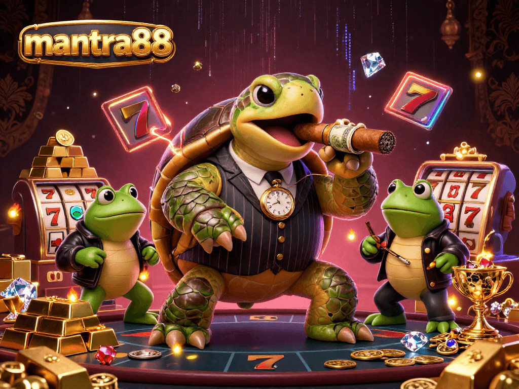 Experience the excitement of mantra88 with this vibrant 3D casino scene featuring dynamic gambling elements.