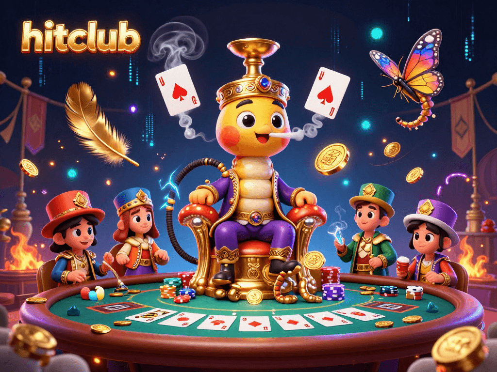 Experience vibrant poker action with hitclub's 3D illustration, featuring lavish casino elements and energetic characters.