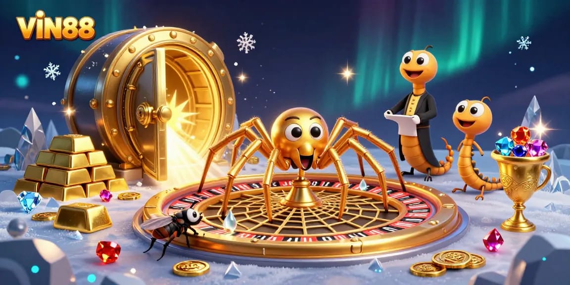 VIN88 promotional scene with a spider, fly, and centipede engaging in a vibrant casino atmosphere.
