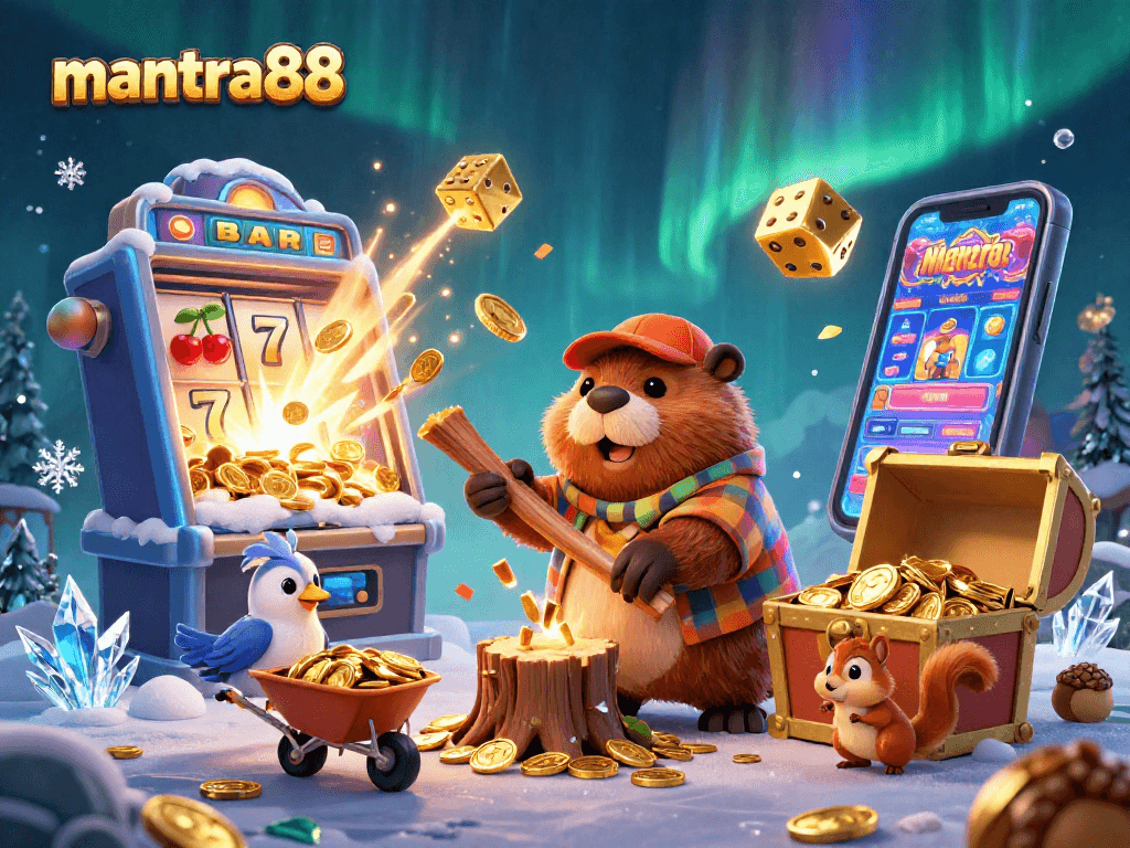 Experience the thrill of winning with mantra88 at this vibrant cartoon casino scene filled with treasures.