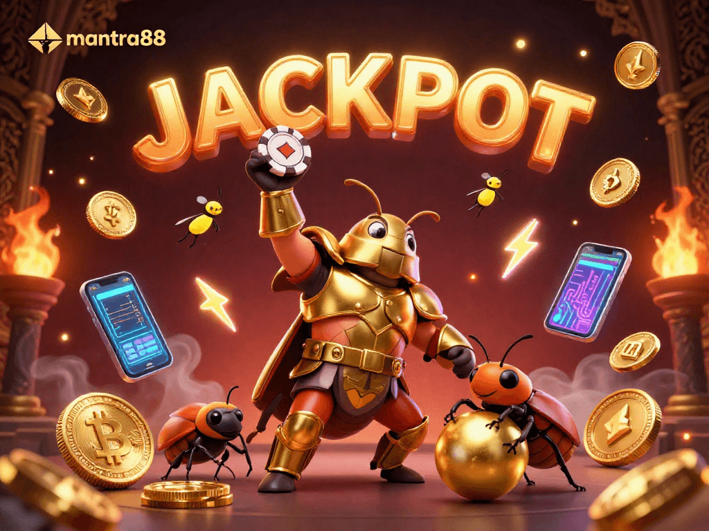 Spin the reels at mantra88 while the golden hercules beetle celebrates a big win, filled with slot elements and vibrant colors.