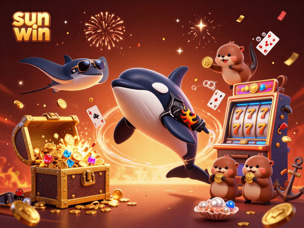 Experience the thrill of sun win with dynamic characters celebrating casino wins in a vibrant underwater scene.