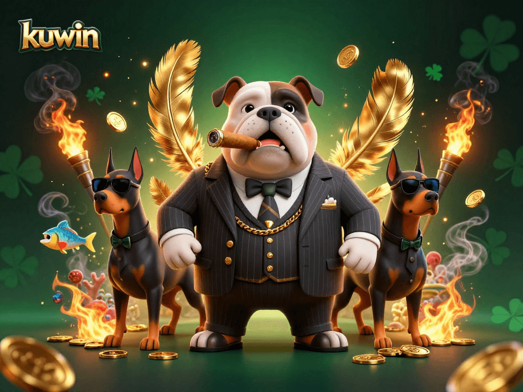 Kuwin showcases a dynamic 3D scene with a mafia boss bulldog surrounded by fish shooting elements.