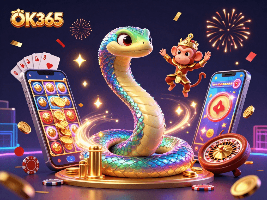 Engage in the vibrant world of OK365 with a dynamic 3D casino scene featuring a rainbow serpent, monkey king, and exciting game elements.