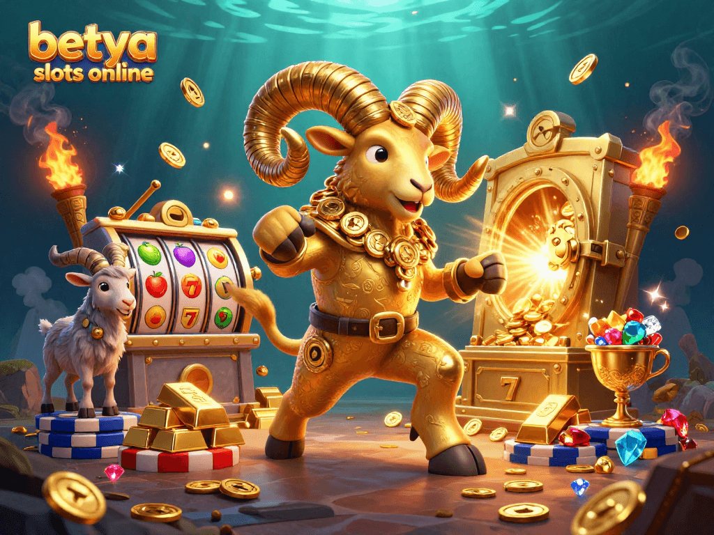 Spin to win big with betya slots online featuring a dynamic golden ram charging through a treasure-filled scene.