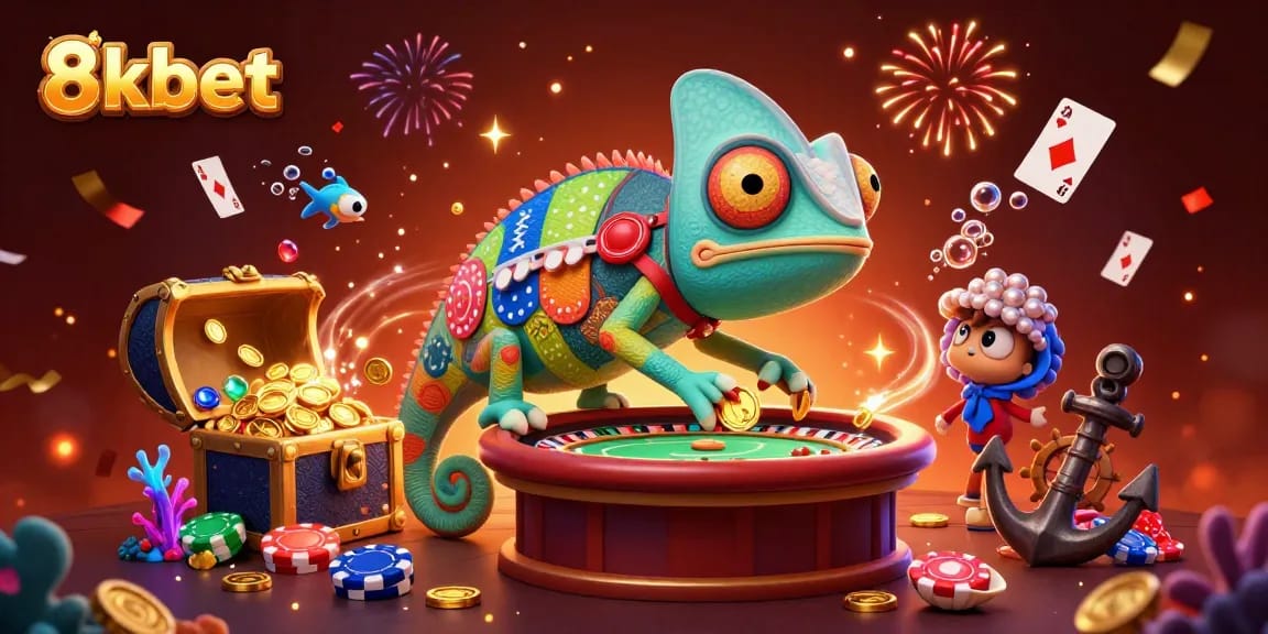 Experience thrilling action at 8kbet with vibrant casino scenes featuring our unique chameleon owner.