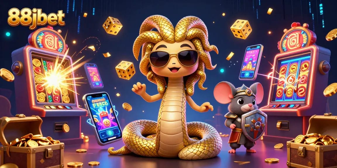 Enjoy thrilling gameplay at 88jbet with Medusa and a warrior mouse surrounded by slot machines and jackpots.