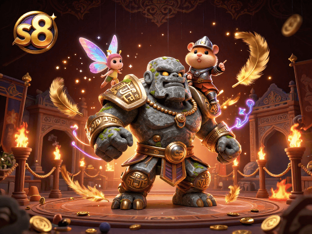 Experience thrilling moments at s8 with a magical golem and fairy in an enchanting casino arena.