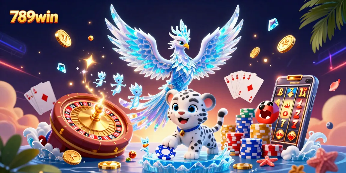 Win big at 789win with dynamic gaming scenes featuring ice phoenixes and poker chips.