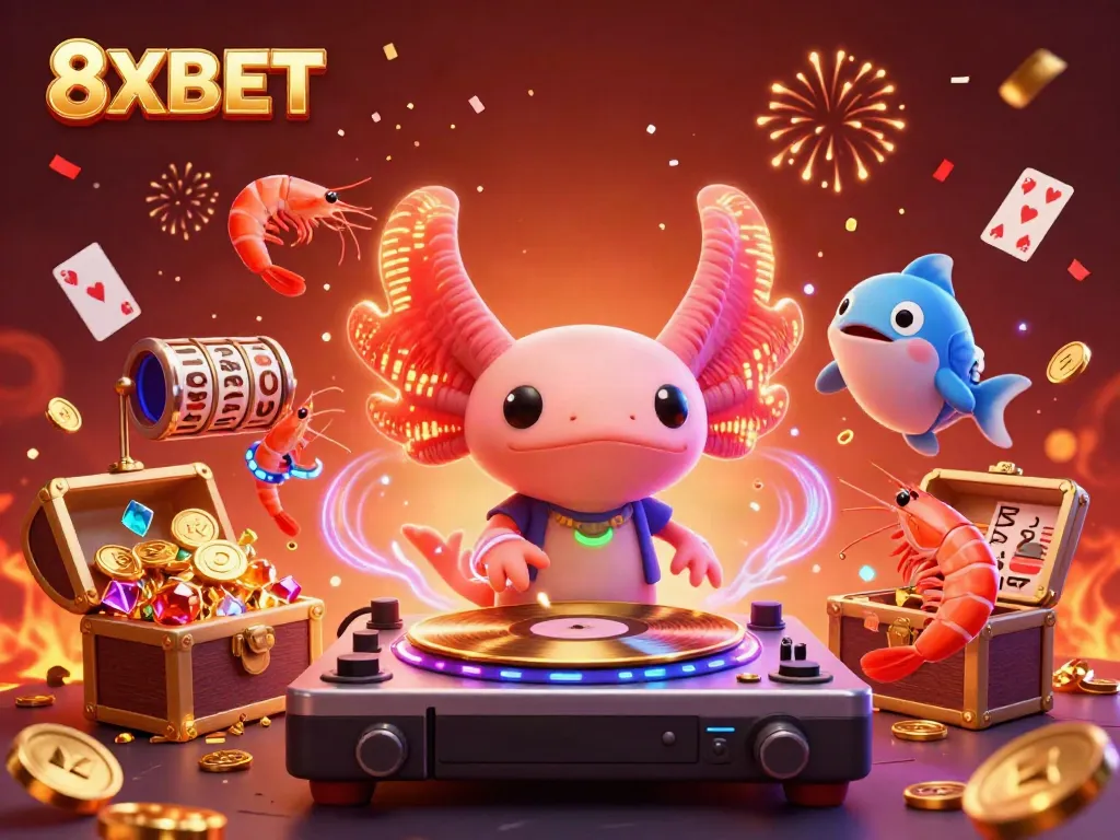 Experience the vibrant energy of 8XBET with a neon axolotl DJ and dancing sea creatures in a dynamic casino-themed underwater scene.
