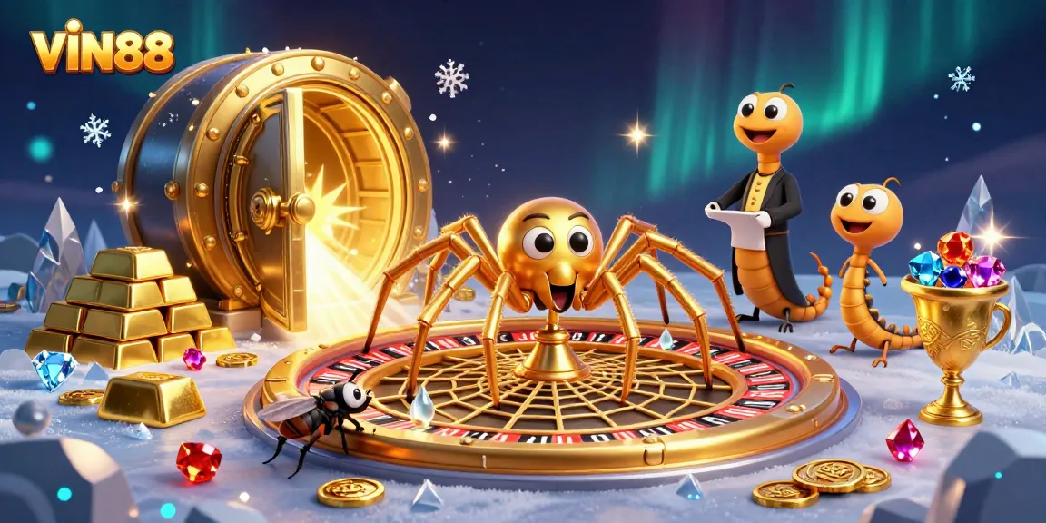 VIN88 promotional scene with a spider, fly, and centipede engaging in a vibrant casino atmosphere.