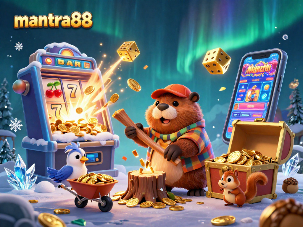 Experience the thrill of winning with mantra88 at this vibrant cartoon casino scene filled with treasures.
