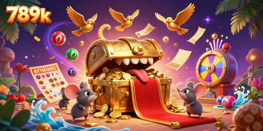 Engage with the immersive experience of 789k as adventurer mice approach a golden treasure chest amidst a vibrant casino scene.