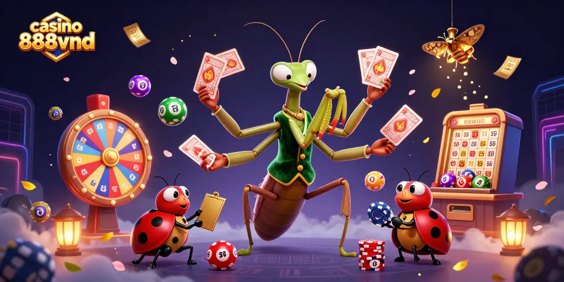 Experience the excitement of casino 888vnd with a vibrant 3D illustration of colorful lottery elements and characters.