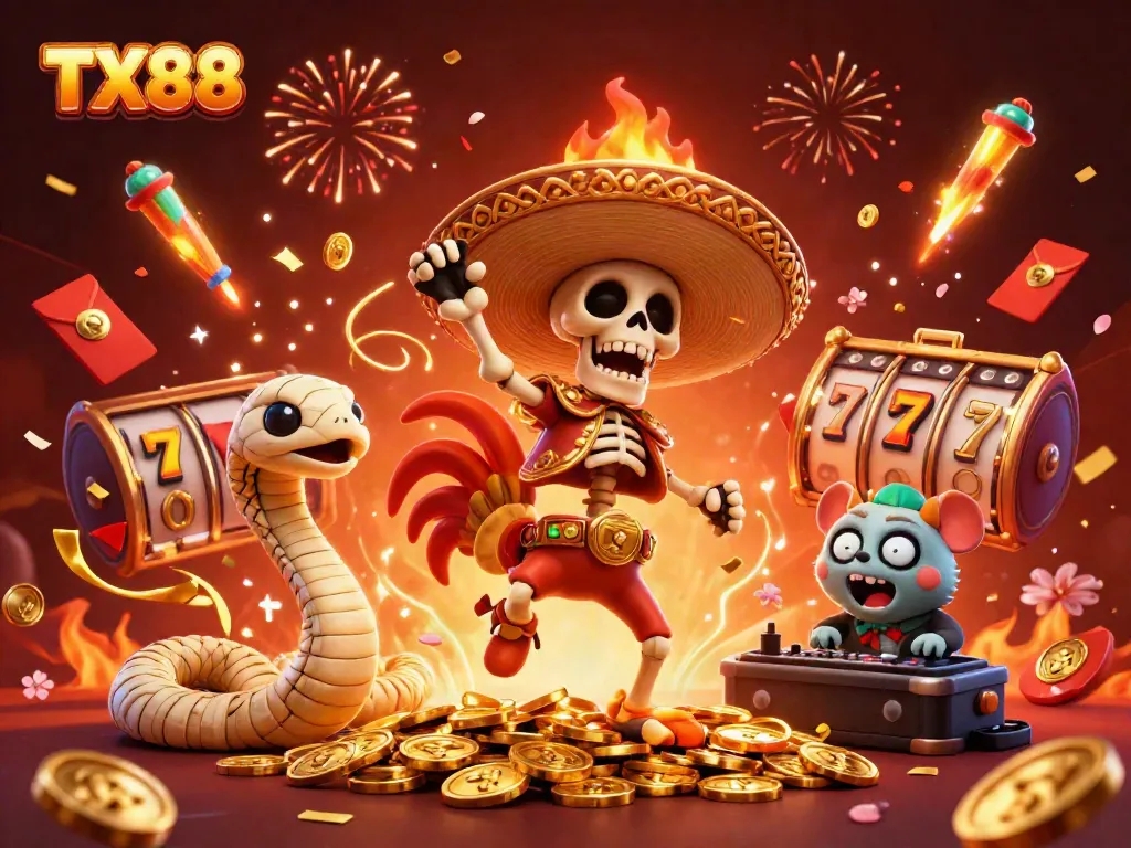 Watch the lively 3D scene showcasing TX88 with a skeleton mariachi, mummy snake, and zombie hamster in a packed casino setting.
