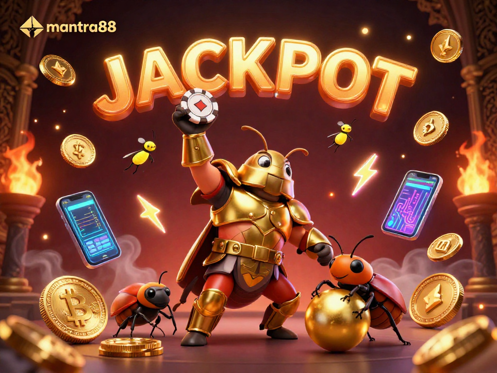 Spin the reels at mantra88 while the golden hercules beetle celebrates a big win, filled with slot elements and vibrant colors.