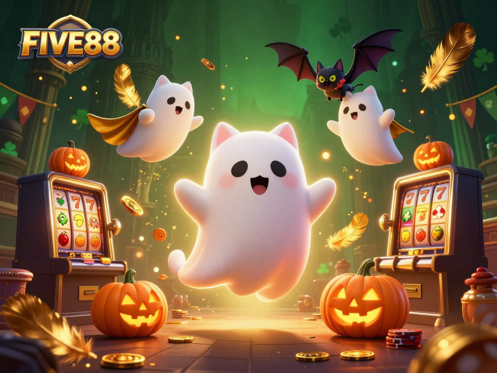 Engaging scene of FIVE88 with a ghost cat, bat, and glowing poker pumpkins in a vibrant casino atmosphere.