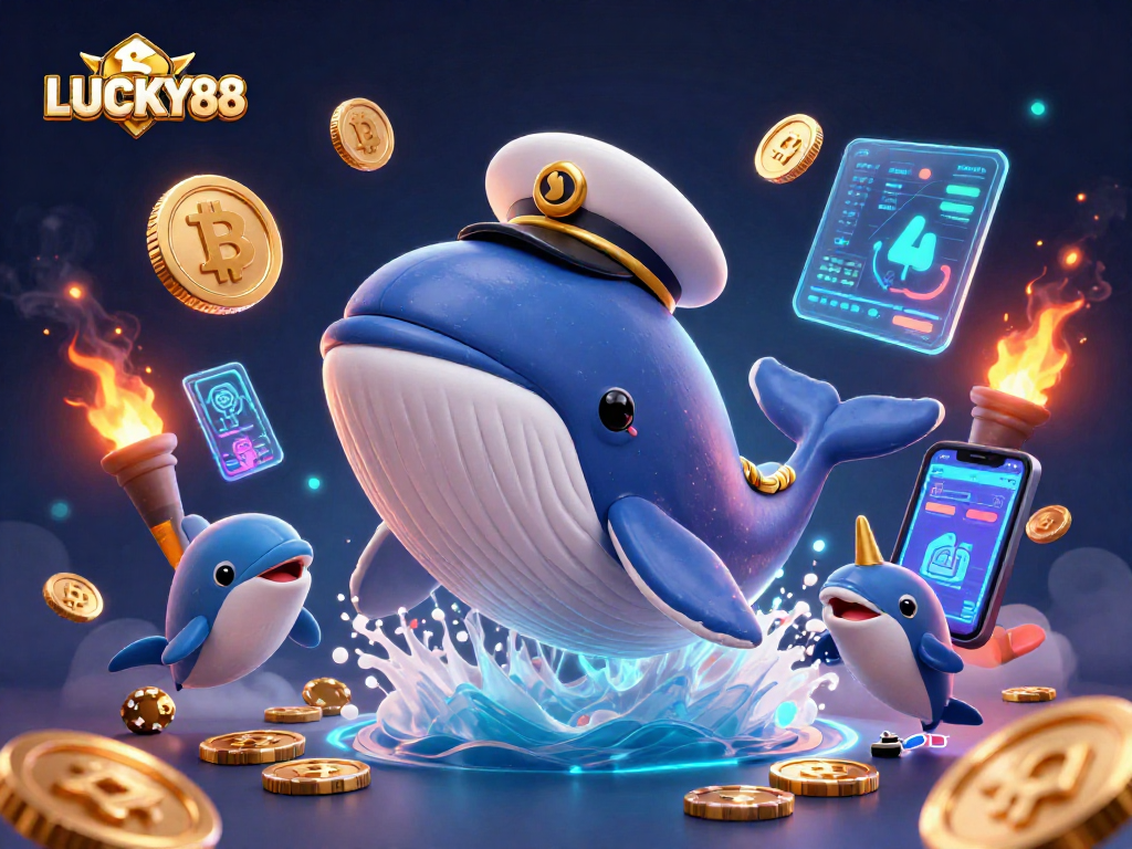 LUCKY88 promotes a thrilling gaming experience with a whimsical whale and playful dolphins amid a wealth of coins.