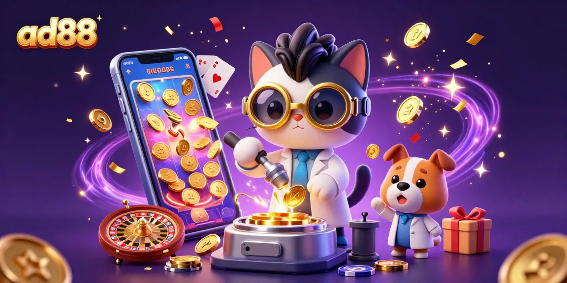 Win big with ad88 in a vibrant scene featuring a mad scientist cat and dog in a casino-themed lab.