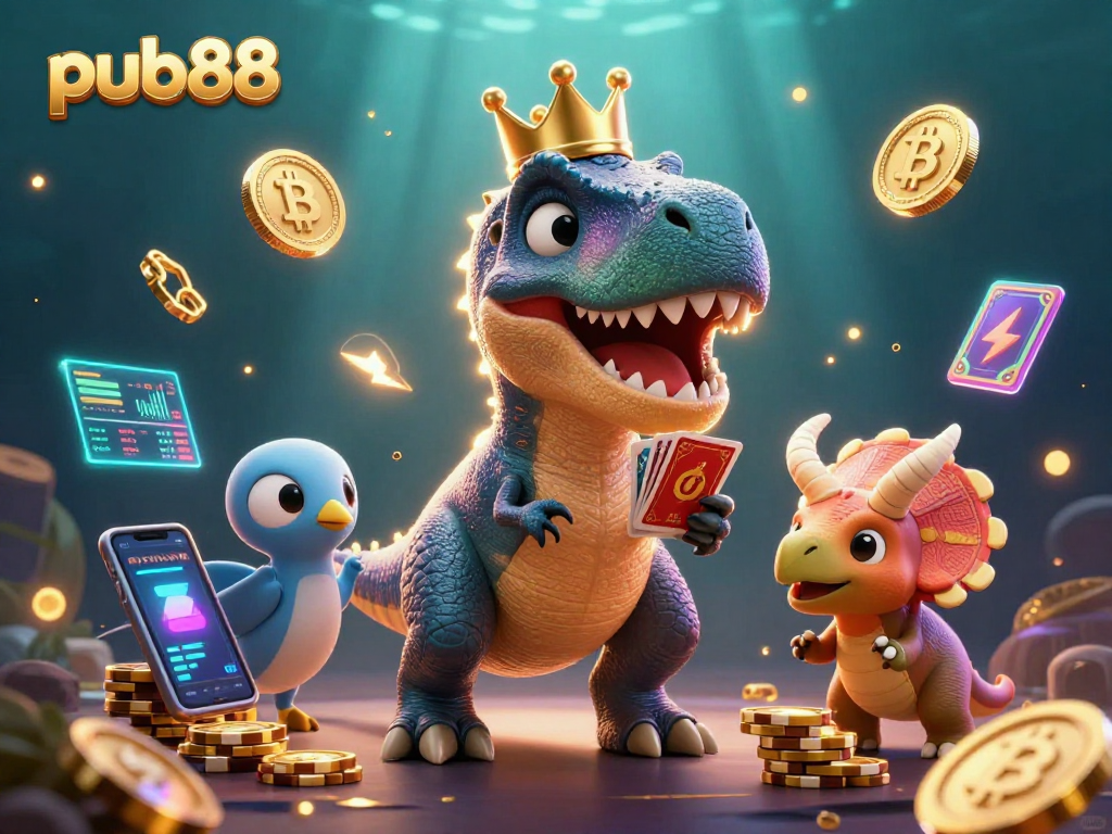 Experience exciting gaming at pub88 with a playful T-Rex, pterodactyl assistant, and triceratops in a vibrant casino scene.