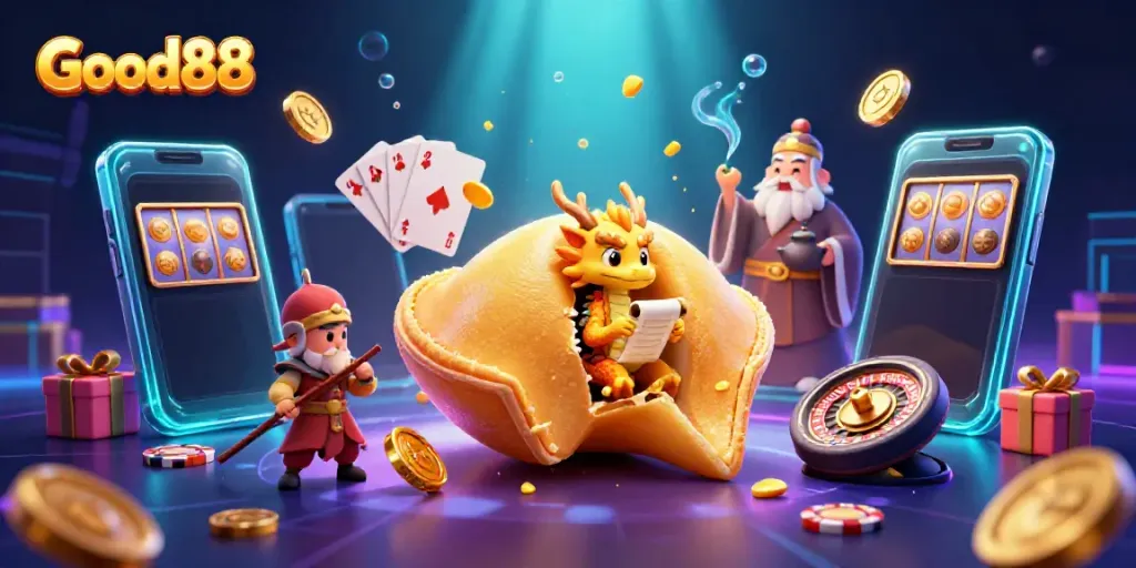 Experience Good88's vibrant casino world with a mystical dragon and golden treasures
