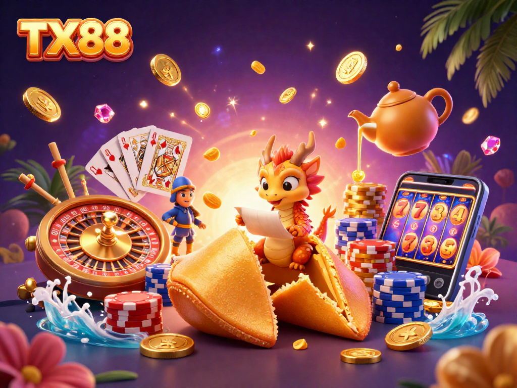 Experience the excitement of TX88 with a vibrant 3D illustration showcasing casino elements, dragons, and gold.