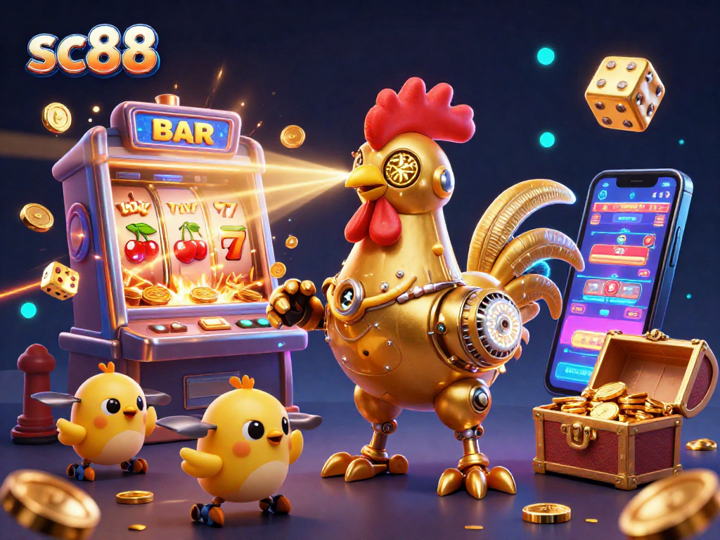 Experience thrilling wins with sc88 at the heart of a vibrant casino scene featuring a golden rooster robot.