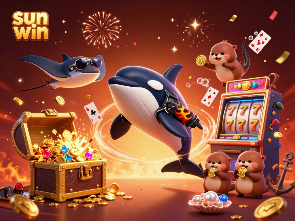 Experience the thrill of sun win with dynamic characters celebrating casino wins in a vibrant underwater scene.