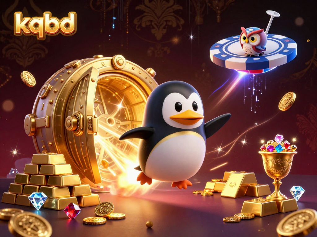 Watch the kqbd penguin race towards a glowing casino station, surrounded by treasures and excitement.