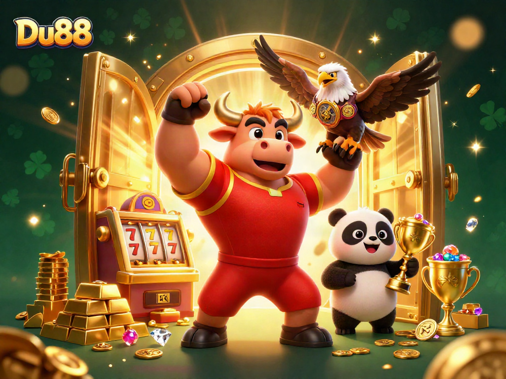 Win big with Du88 in this vibrant casino scene showcasing a victorious bull, eagle, and panda.