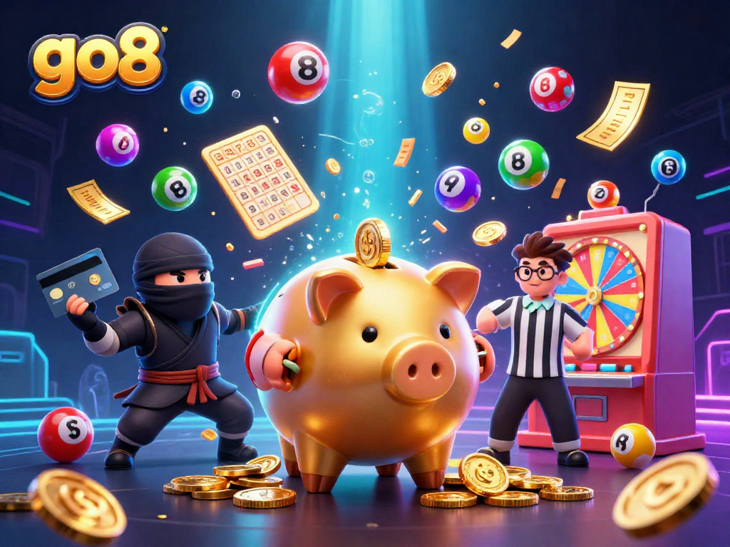 Engage in fun at go8, with a golden piggy bank sumo shaking coins, colorful lottery balls, and vibrant game elements.
