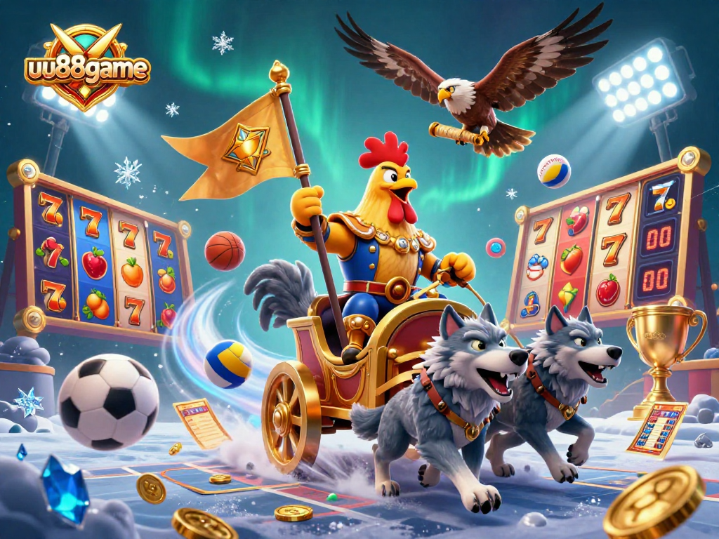 Engage in thrilling gaming at uu88game with a vibrant 3D illustration of a rooster warlord in a casino scene.
