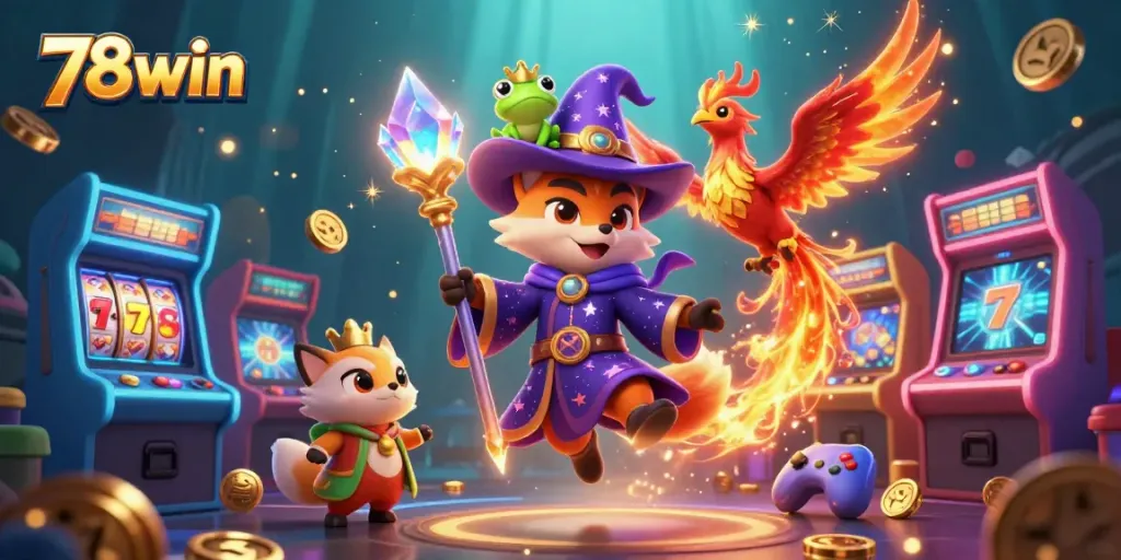 Experience thrilling gaming at 78win with a whimsical wizard and phoenix illustration.