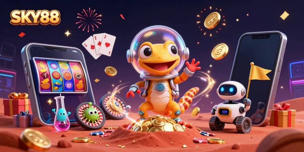 Engage with thrilling slots at SKY88, featuring a vibrant casino scene with fun characters and elements.