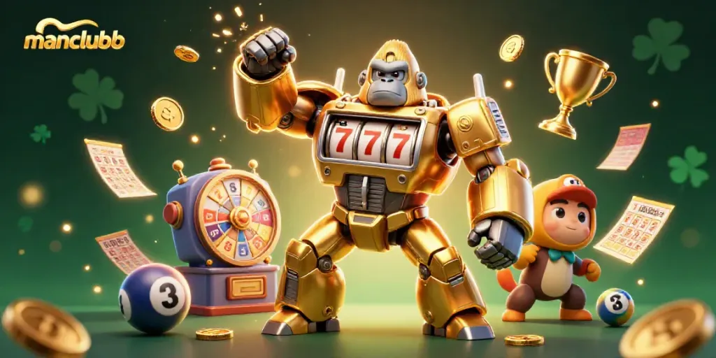 Experience thrilling gameplay at manclubb with a dynamic 3D illustration of a golden gorilla mech and lottery elements.