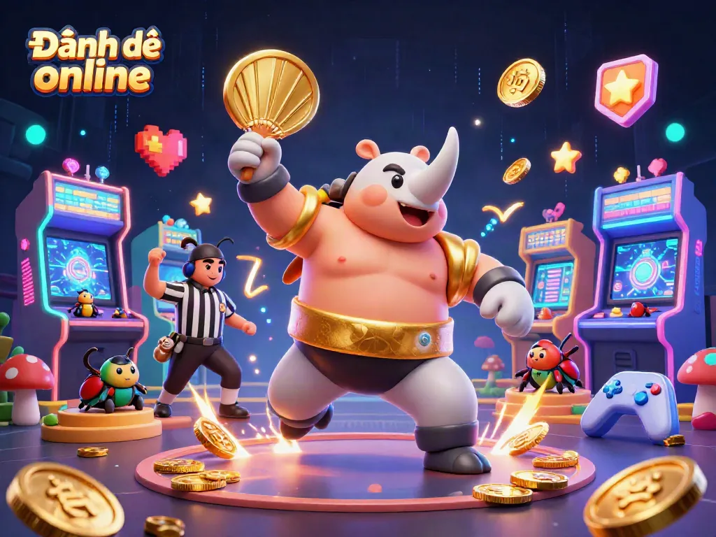 Win big with Đánh đề online as a rhinoceros beetle stomps for coins in a magical casino.