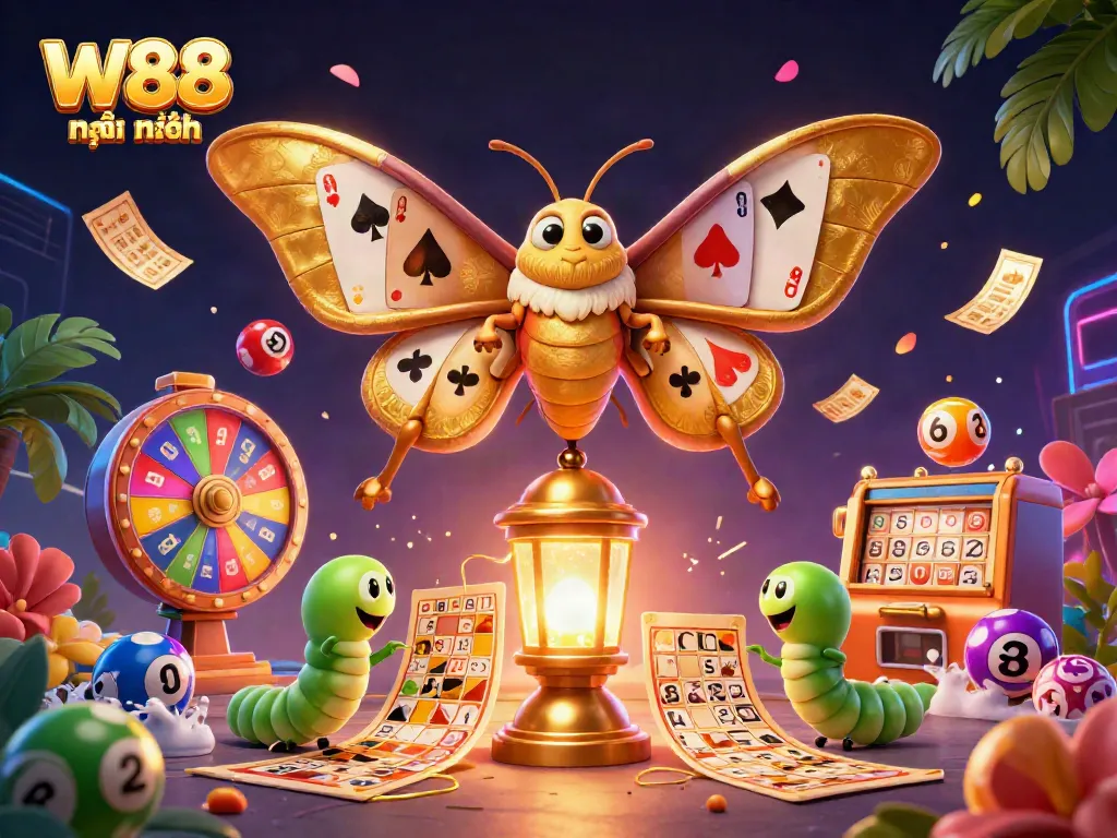 Experience the vibrant world of W88 mới nhất featuring a majestic atlas moth surrounded by dynamic lottery elements.