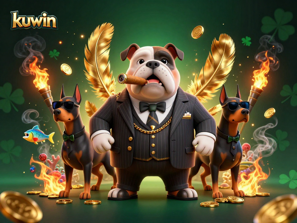 Kuwin showcases a dynamic 3D scene with a mafia boss bulldog surrounded by fish shooting elements.