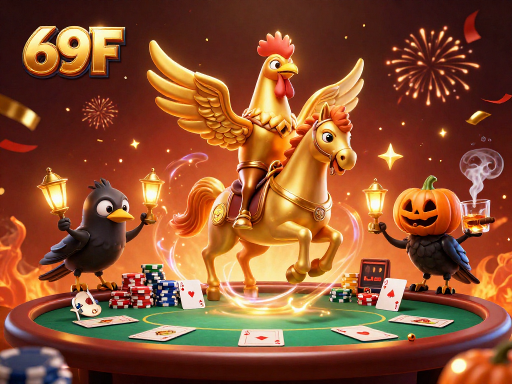 Jogue no 69F com uma ilustração vibrante de cassino, destaque para cartas de poker e fichas.