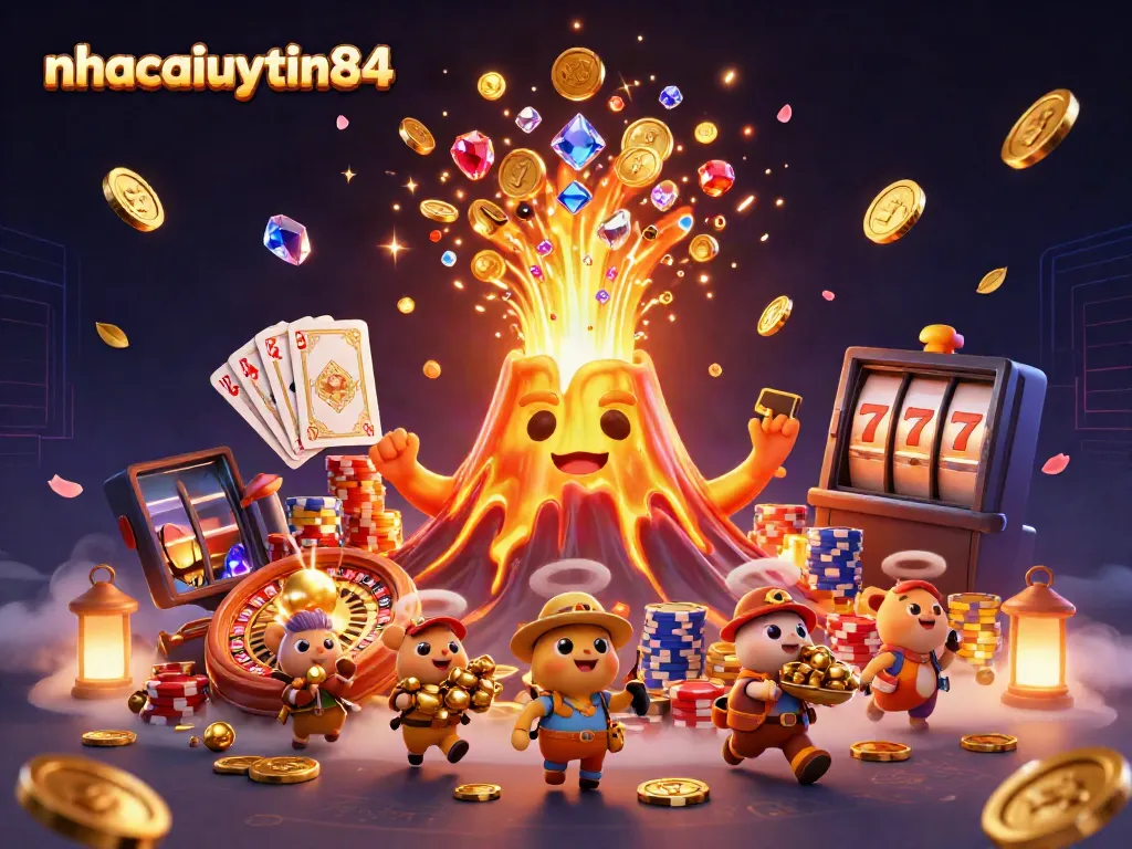 Experience thrilling gameplay with nhacaiuytin84; a golden volcano erupts with coins and treasures in a vibrant casino scene.